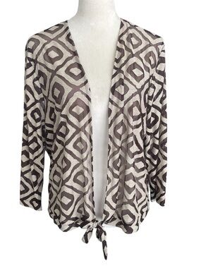 Chico’s Travelers Semi Sheer Tie-Hem Open Front Cardigan Sweater XL 3 Geometric